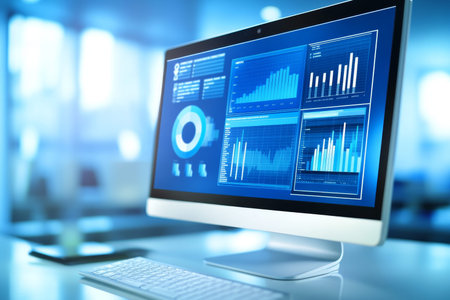 Modern office monitor featuring an online data analysis dashboard for business and marketing use