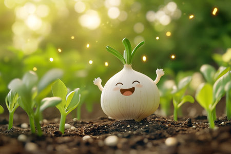 Cheerful anthropomorphized garlic character in a vibrant garden filled with green seedlingsの写真素材