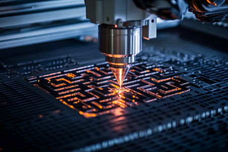 Laser cutting machine crafting intricate maze design on metal sheet with stunning detail and focusの写真素材