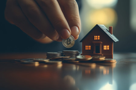 Realtor placing silver coin among money and a miniature house, symbolizing financial growth ideas.
