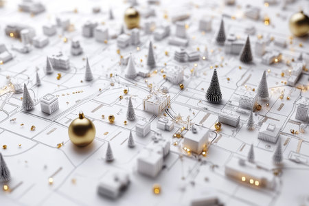 Minimalist city map featuring christmas decorations with gold and silver ornaments and treesの写真素材