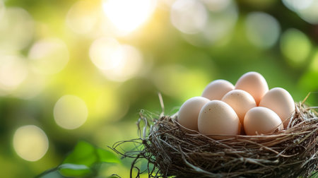 Close up view of fresh bird eggs nestled in a nest against a soft green background with sunlightの写真素材