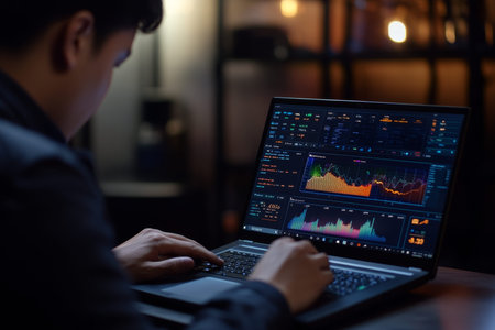 Businessman analyzing data on a laptop with virtual chart in office or home environment