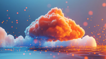 Glowing Orange Cloud Above Futuristic Cityscape, Cloud Computing and Digital Transformation Conceptの写真素材