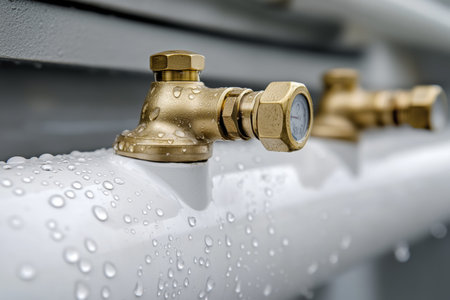 Close up of a white boiler with water droplets and gas pipes featuring brass angles and caps