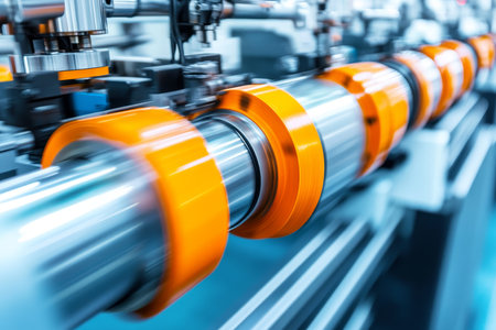 Close up of electric motor in motion on tooling machine for packaging with depth blurの写真素材