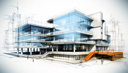 Detailed 3d blueprint illustration of a modern building with stunning realism and natural lighting
