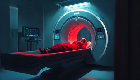 Digital concept art of woman undergoing brain scan in mri scanner at hospital settingの写真素材