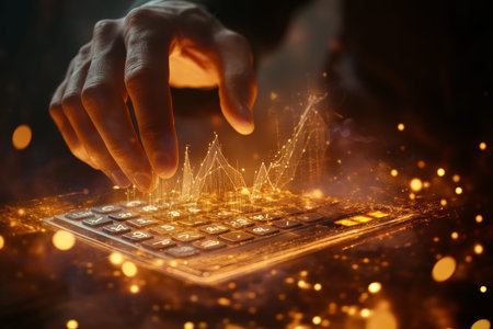Businessman analyzing financial data with virtual graphs for strategic growth and trading insightsの写真素材