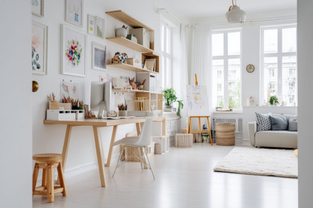 Bright scandinavian children's room with white walls, desk, natural light, and wooden toy shelves