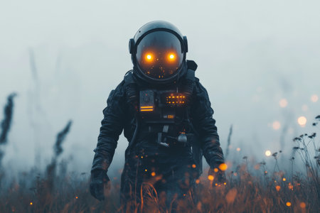 Astronaut with glowing eyes in a foggy field, surrounded by mist and smoke, cinematic styleの写真素材