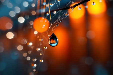 Hyperrealistic macro photo of a water drop with spider web against orange and blue fantasy lights