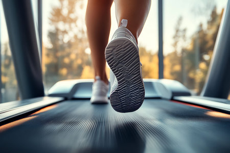 Close up of woman s legs in leggings and sneakers running on treadmill in modern home gym setting