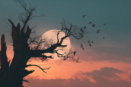 Silhouette of an ancient tree at sunset with birds and moon.の写真素材