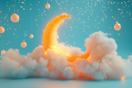 Charming 3d crescent moon with clouds and starry sky for a children s party in soft pastel huesの写真素材