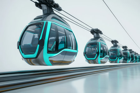Futuristic electric cable car design on conveyor belt with turquoise and gray airship aestheticsの写真素材