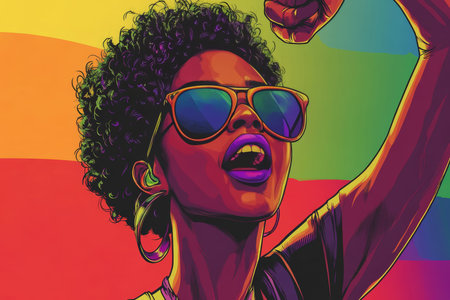 Vibrant digital art of African American woman singing with fist raised against a rainbow backgroundの写真素材