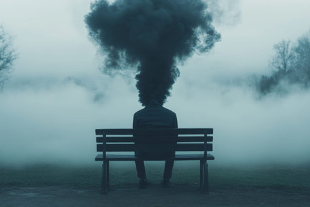Conceptual artwork of a person on a bench with black smoke rising against a foggy backdrop