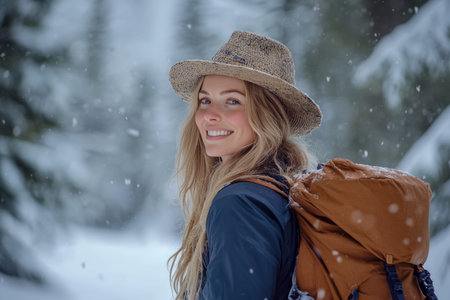 Elegant woman in a hat hiking through snowy Canadian mountains surrounded by nature s beauty