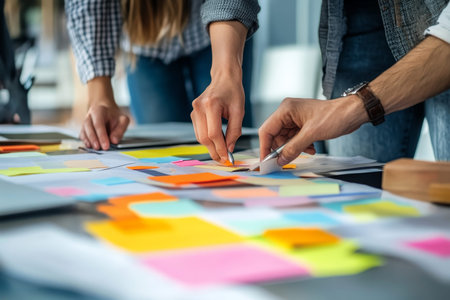 Young business team collaborating creatively with sticky notes in an office brainstorming session