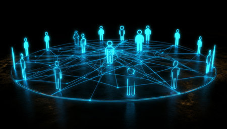 Glowing blue network connection with people icon on black background a social media concept renderの写真素材