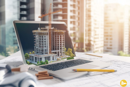 Laptop displaying construction site and building model surrounded by blueprints and tools