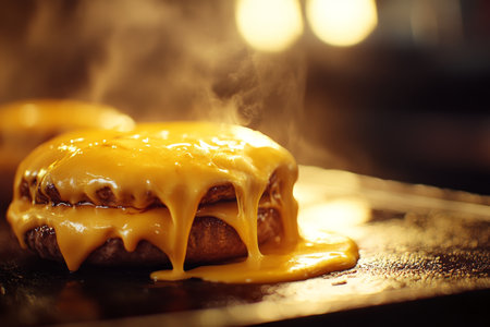 Gourmet cheeseburger with dripping cheddar captured in luxurious restaurant kitchen settingの写真素材