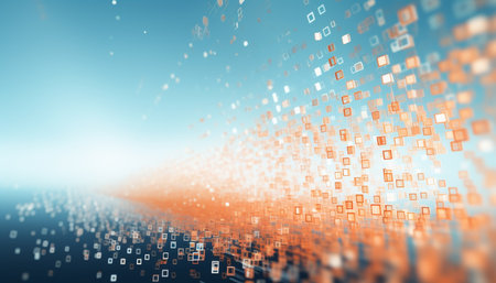 Abstract digital binary code background with bokeh effect in orange and white against light blue skyの写真素材