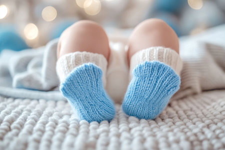 Close up of a blue and white baby in socks on a table with natural light and minimalist styleの写真素材