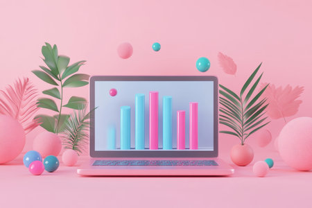 Stylish 3d bar graph display on laptop surrounded by spheres and plants against a pink backdropの写真素材