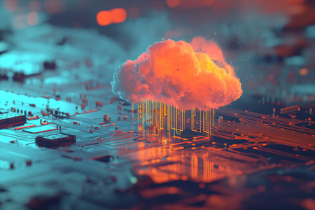 3d visualization of data streaming into a cloud above a circuit board in orange and blue hues