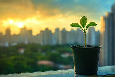 A small green sprout in a pot by the window with a cityscape background symbolizing new lifeの写真素材