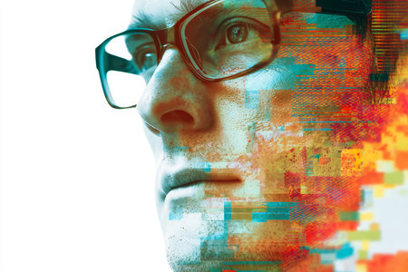 Digital art close up of a man's face with glasses and futuristic glitch effects on white background