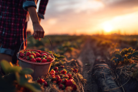 Female farmer harvesting ripe strawberries at sunset a cinematic close up and wide angle viewの写真素材