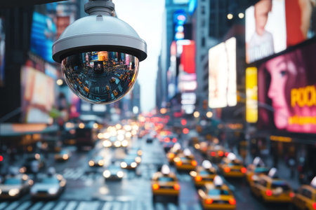 Surveillance camera overlooking bustling new york city street with blurred traffic and billboards