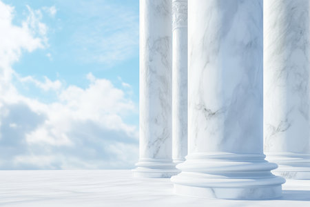 Ethereal 3d rendering of white marble pillars against a clear blue skyの写真素材