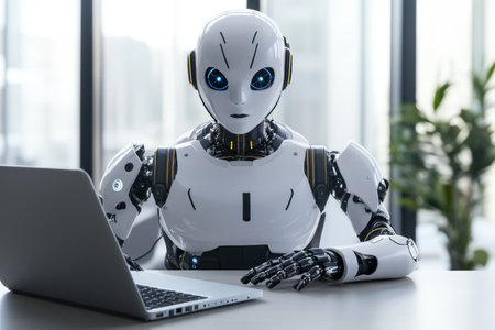 Ai robot engaged in digital marketing project at modern office desk with bright natural lightの写真素材