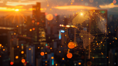 Futuristic city skyline featuring a glowing golden globe with digital connections and light effectsの写真素材