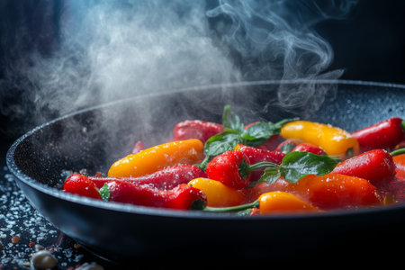 Vibrant peppers sizzling in a pan with smoke captivating hot and fresh culinary photography