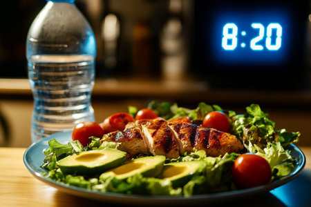 Close up of a delicious salad with avocado and grilled chicken on a table with a water bottle