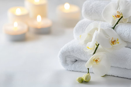 Spa concept towel, candles, and orchid flowers create a serene atmosphere for wellness treatmentsの写真素材