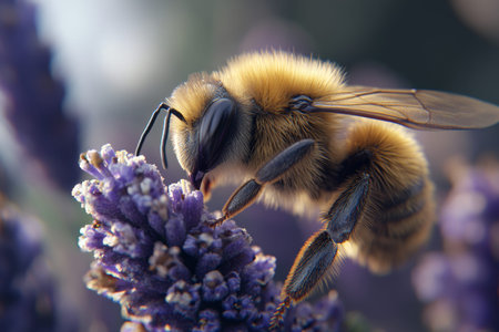 Intricate close up of a bee pollinating a flower in natural light with macro photography techniquesの写真素材