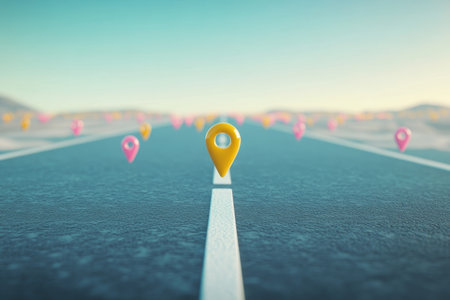 Minimalistic 3d render of yellow and pink map pins on white road lines with blue backgroundの写真素材