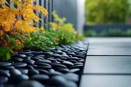 Vibrant green roof featuring colorful plants and black pebbles on a modern buildingの写真素材
