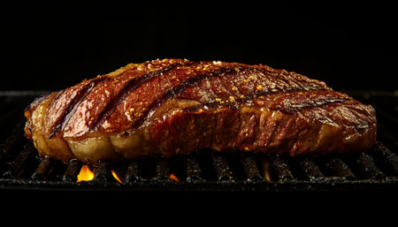 Juicy picanha steak grilled to perfection with flames, set against a dark backgroundの写真素材