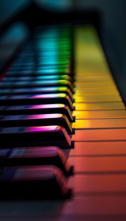 Close up of colorful piano keys on black background showcasing vibrant rainbow hues in detail