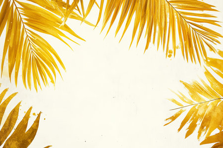 Elegant hand drawn watercolor design featuring gold palm leaves on a white backgroundの写真素材