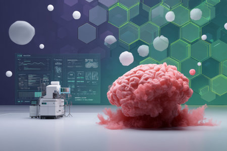 3d brain rendering with medical station and data graphics on a geometric gradient backgroundの写真素材
