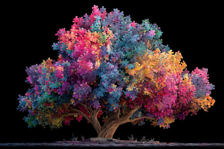 Vibrant abstract tree formed by colorful puzzle pieces against a dark background in vector style