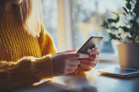 Woman s hands engaged in video call on smartphone at home office with natural light and shadowsの写真素材